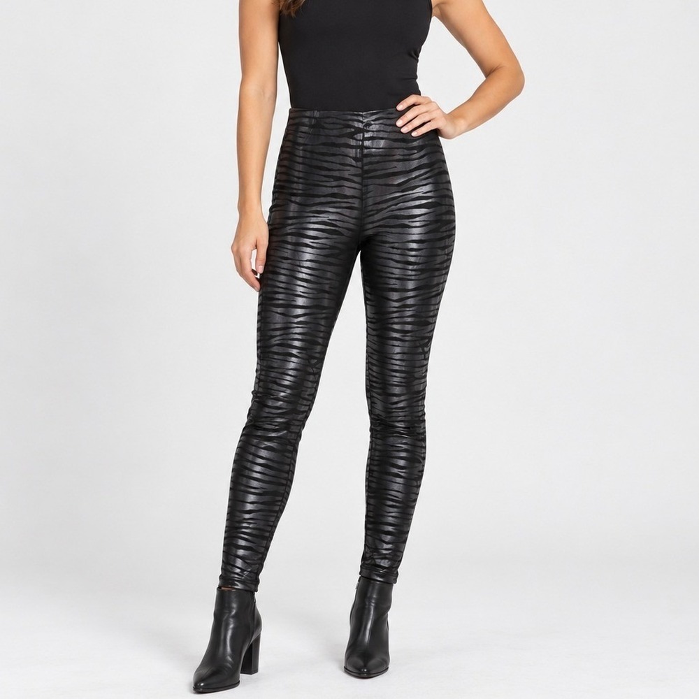 Faux Leather Animal Print Pants Womens M Black Silver Metallic Slim Leg Zara